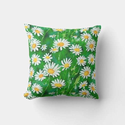 Watercolor Daisies in a Green Field Outdoor Pillow