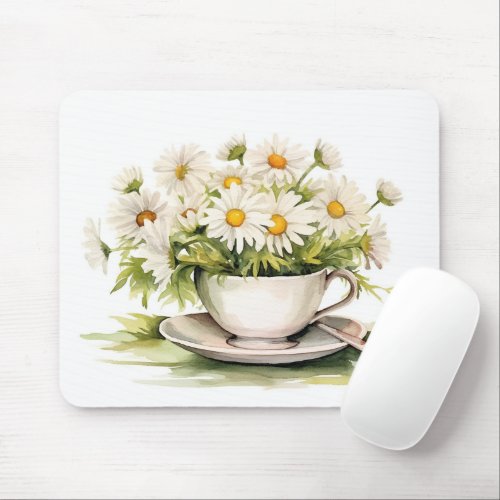 Watercolor Daisies In Coffee Cup Mouse Pad