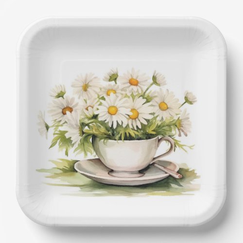 Watercolor Daisies In Coffee Cup Paper Plates