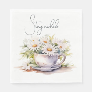 Watercolor Daisies In Coffee Cup With Text Napkins