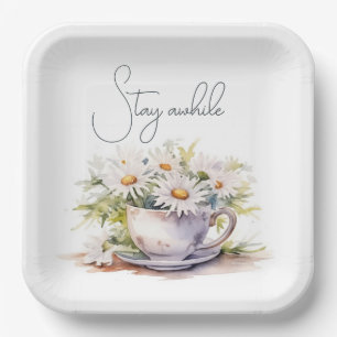 Watercolor Daisies In Coffee Cup With Text Paper Plates