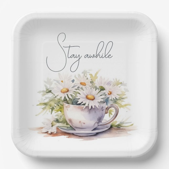 Watercolor Daisies In Coffee Cup With Text Paper Plates (Front)