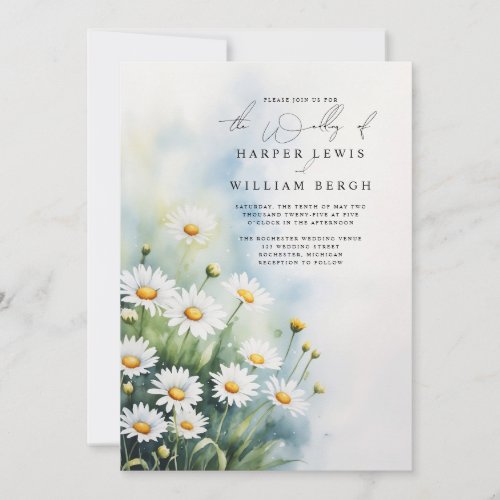 watercolor daisies meadow qr code wedding invitation