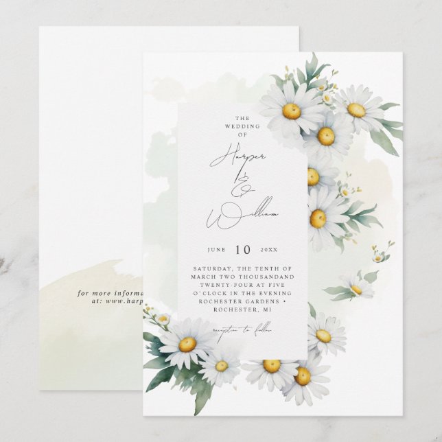 Watercolor daisies off-centered wedding invitation (Front/Back)