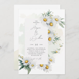 Watercolor daisies off-centered wedding invitation