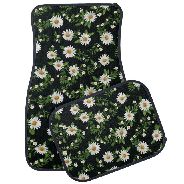 Watercolor Daisies On Black Car Floor Mat (Set)