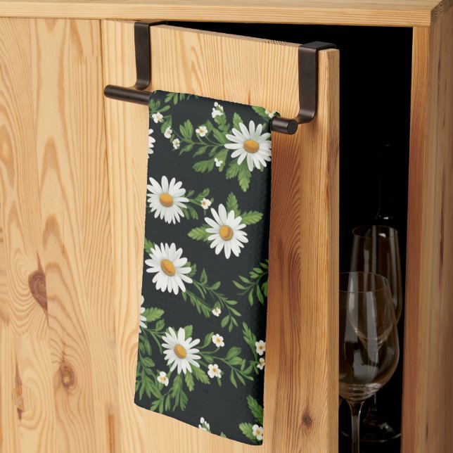 Watercolor Daisies On Black Kitchen Towel (Thirds Fold)