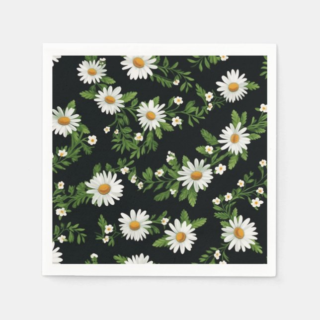 Watercolor Daisies On Black Napkins (Front)
