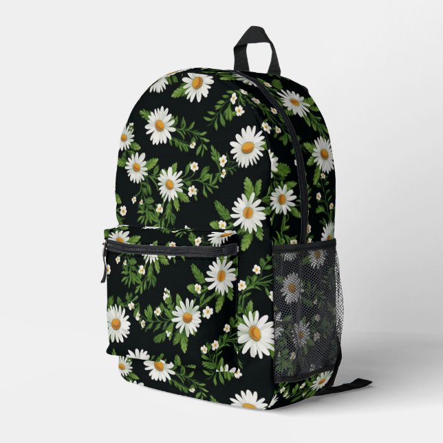 Watercolor Daisies On Black Printed Backpack (Back Corner Right)