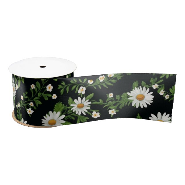Watercolor Daisies On Black Satin Ribbon (Spool)