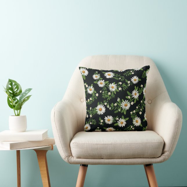 Watercolor Daisies On Black Throw Pillow (Chair)