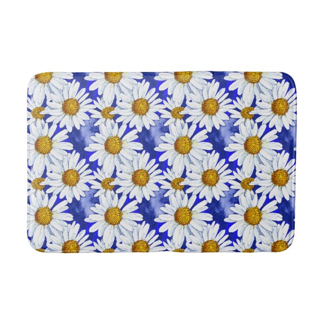 Watercolor Daisies on Denim Blue   Bath Mat (Front)