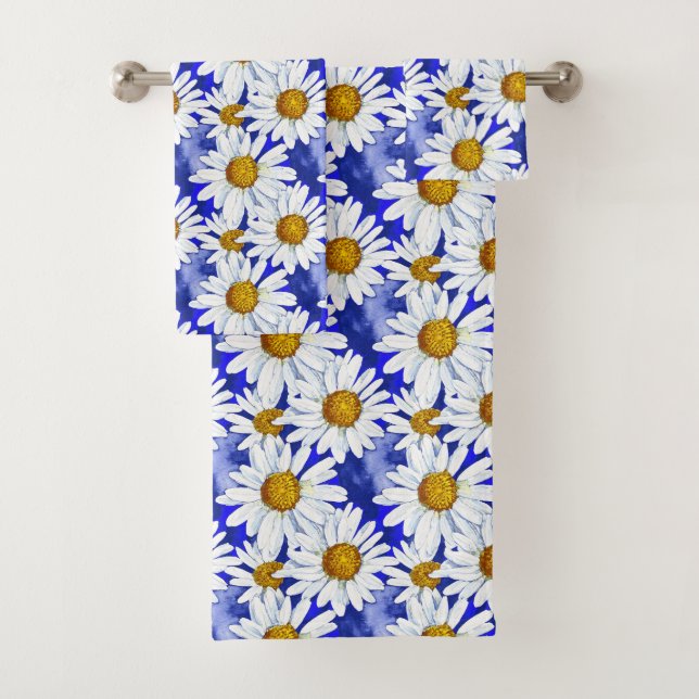 Watercolor Daisies on Denim Blue   Bath Towel Set (Insitu)