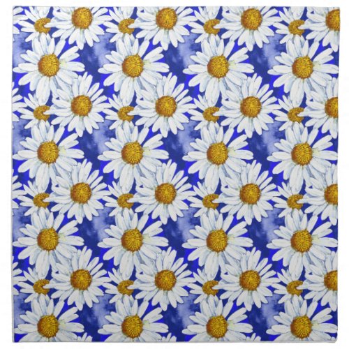 Watercolor Daisies on Denim Blue   Cloth Napkin