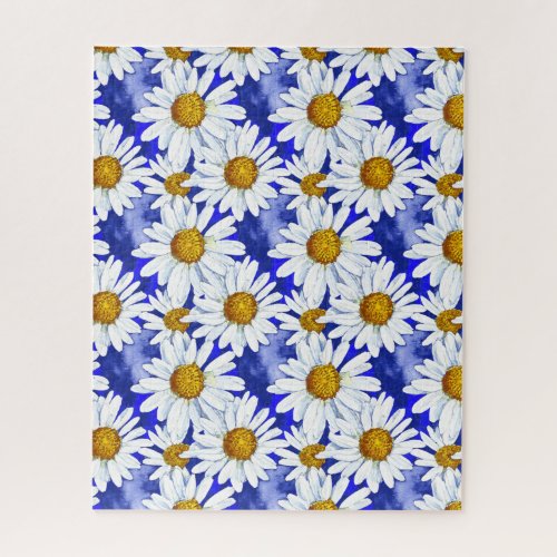 Watercolor Daisies on Denim Blue Jigsaw Puzzle