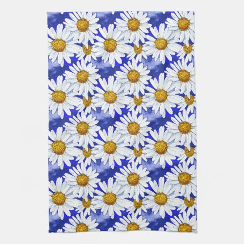 Watercolor Daisies on Denim Blue   Kitchen Towel