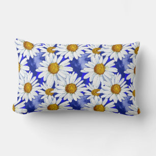 Watercolor Daisies on Denim Blue   Lumbar Pillow