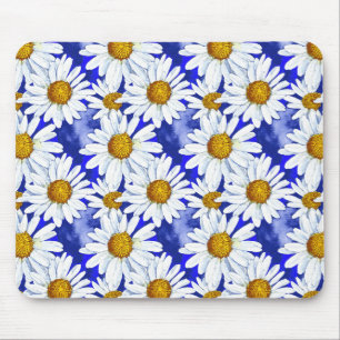 Watercolor Daisies on Denim Blue Mouse Pad