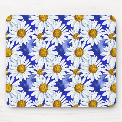 Watercolor Daisies on Denim Blue  Mouse Pad