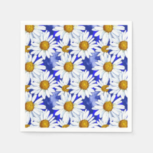 Watercolor Daisies on Denim Blue Napkins
