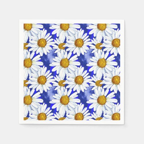 Watercolor Daisies on Denim Blue  Napkins