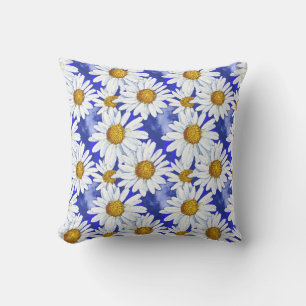 Watercolor Daisies on Denim Blue   Outdoor Pillow
