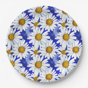 Watercolor Daisies on Denim Blue Paper Plates