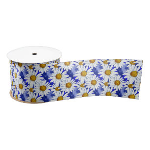 Watercolor Daisies on Denim Blue Satin Ribbon