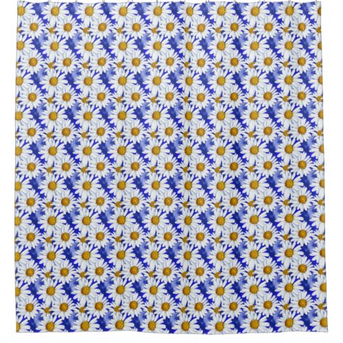 Watercolor Daisies on Denim Blue   Shower Curtain