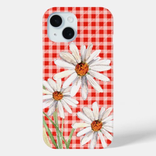 Watercolor Daisies On Gingham iPhone 15 Case