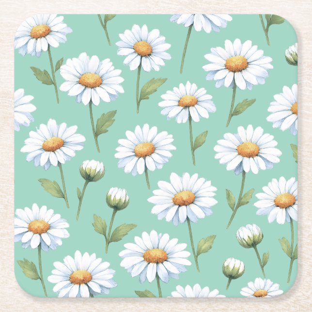 Watercolor daisies on  square paper coaster (Front)
