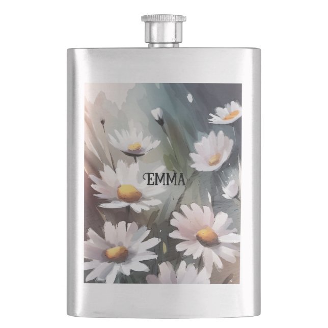 Watercolor Daisies Pattern Custom Name Flask (Front)