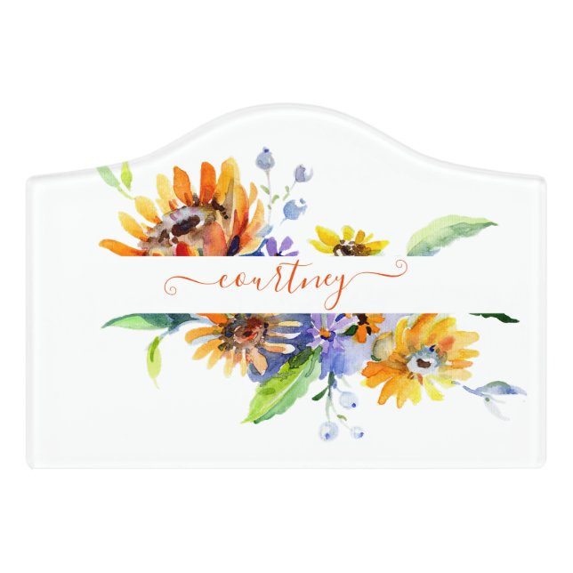 Watercolor daisies personalized   door sign (Small Crest Front)