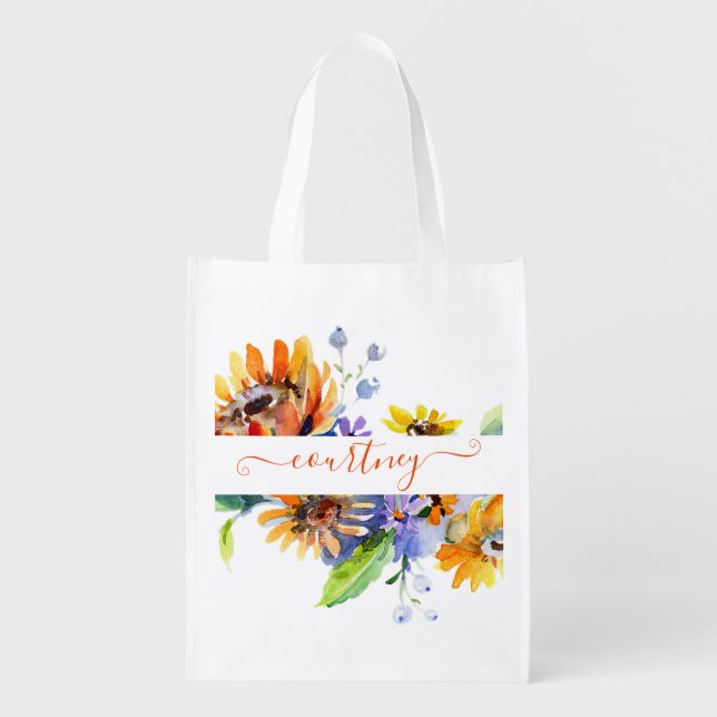 Watercolor daisies personalized  grocery bag (Front)