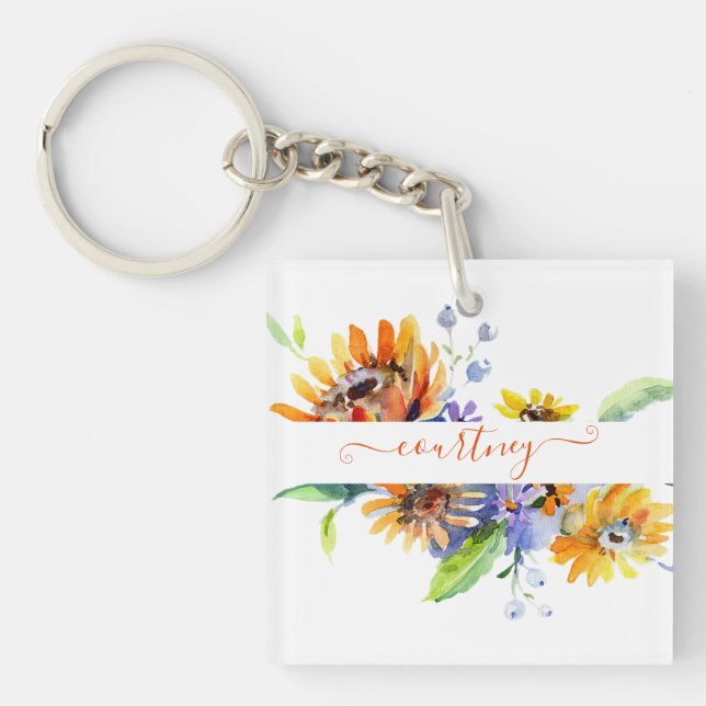 Watercolor daisies personalized   keychain (Front)