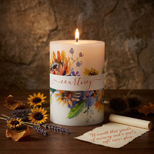 Watercolor daisies personalized pillar candle