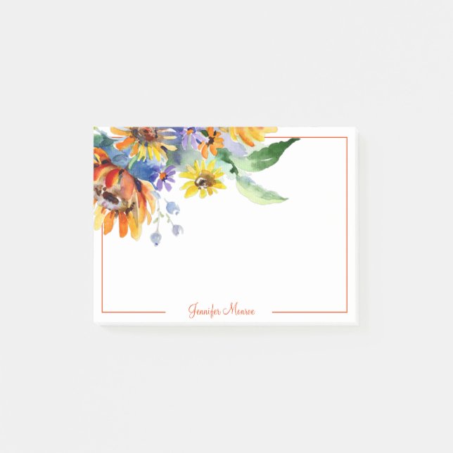 Watercolor daisies personalized post-it notes (Front)
