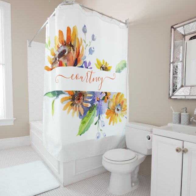 Watercolor daisies personalized  shower curtain (In Situ)