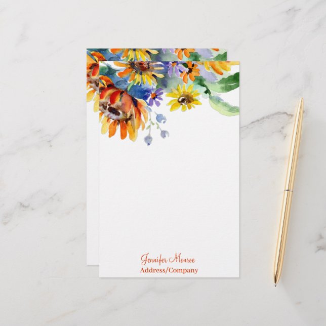 Watercolor daisies personalized stationery (Front/Back In Situ)