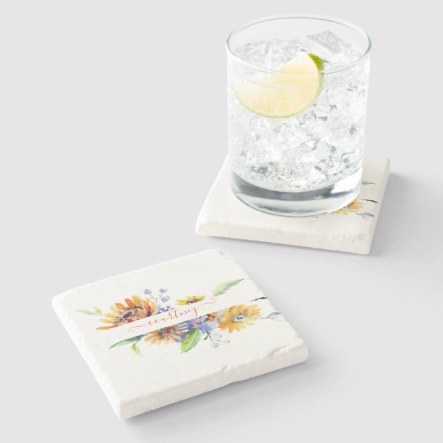 Watercolor daisies personalized  stone coaster (Side)