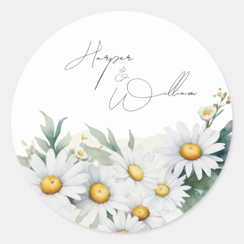 Watercolor daisies wedding classic round sticker