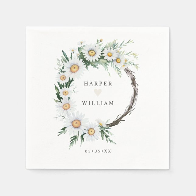 Watercolor Daisies wreath wedding Napkins (Front)