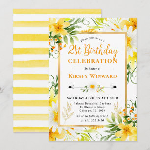 Watercolor Daisies & Yellow Flowers 21st Birthday Invitation