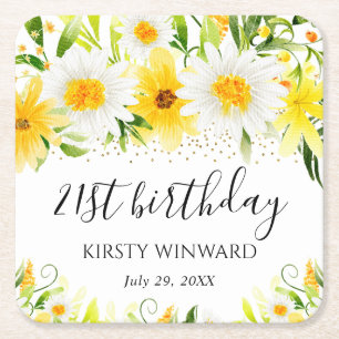 Watercolor Daisies & Yellow Flowers Birthday Square Paper Coaster