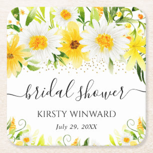 Watercolor Daisies & Yellow Flowers Bridal Shower Square Paper Coaster