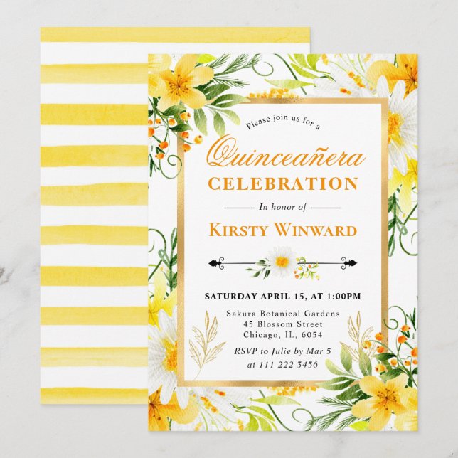 Watercolor Daisies & Yellow Flowers Quinceanera Invitation (Front/Back)