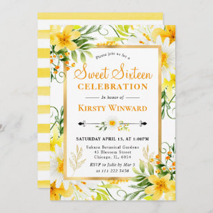 Watercolor Daisies & Yellow Flowers Sweet 16 Invitation
