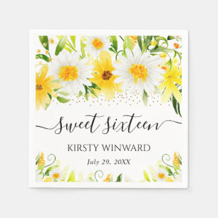 Watercolor Daisies & Yellow Flowers Sweet Sixteen Napkins