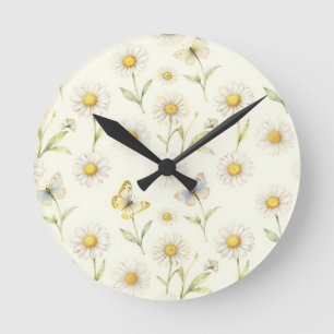 Watercolor Daisy and Butterfly Meadow Pattern Round Clock