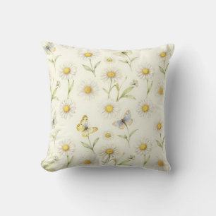 Watercolor Daisy and Butterfly Meadow Pattern Throw Pillow